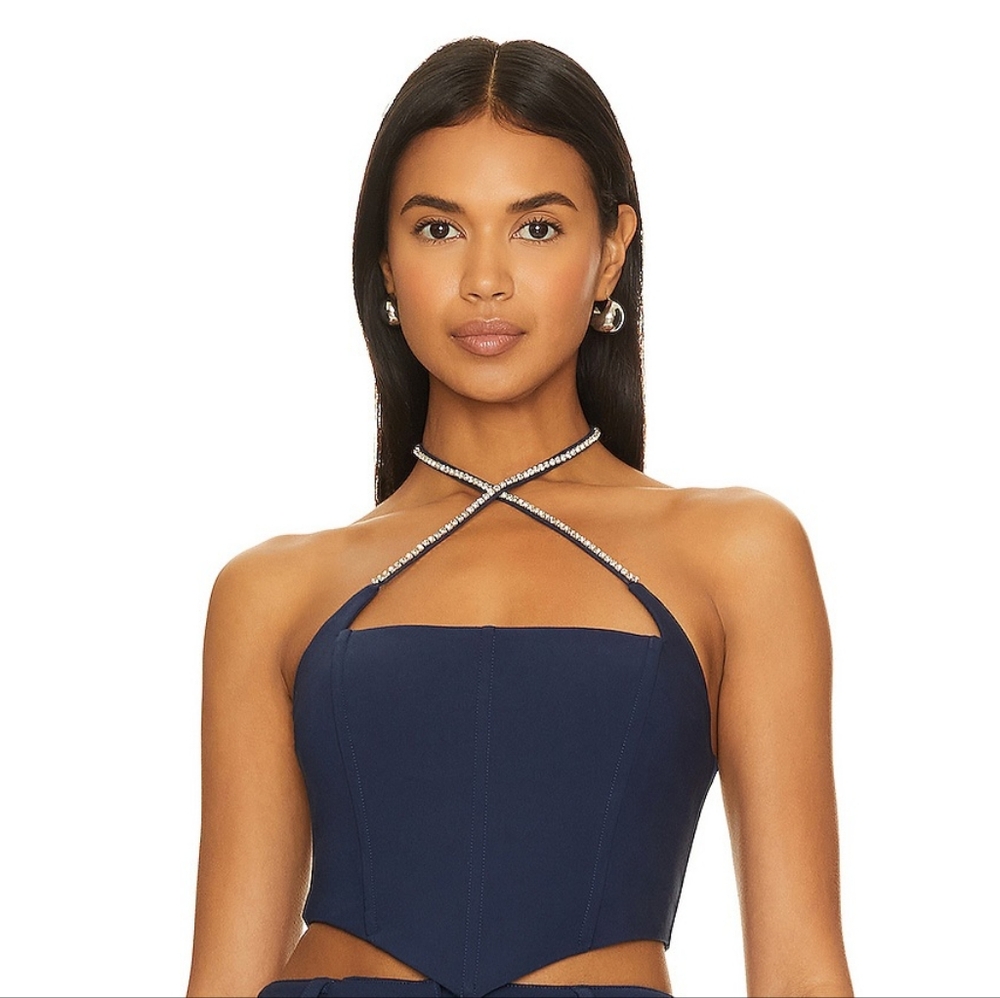 Camila Coelho Navy Rhinestone Halter Crop Top